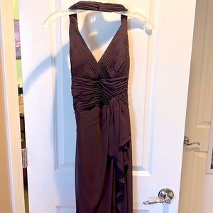 Chocolate color halter dress. Full length, halter neck, flowy tie at the waist.